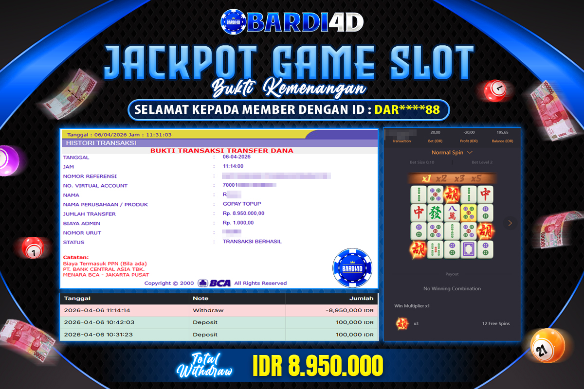 BARDI4D - BAYAR JACKPOT SLOT MAHJONG WAYS  TOTAL RP.8.950.000| DIBAYAR LUNAS