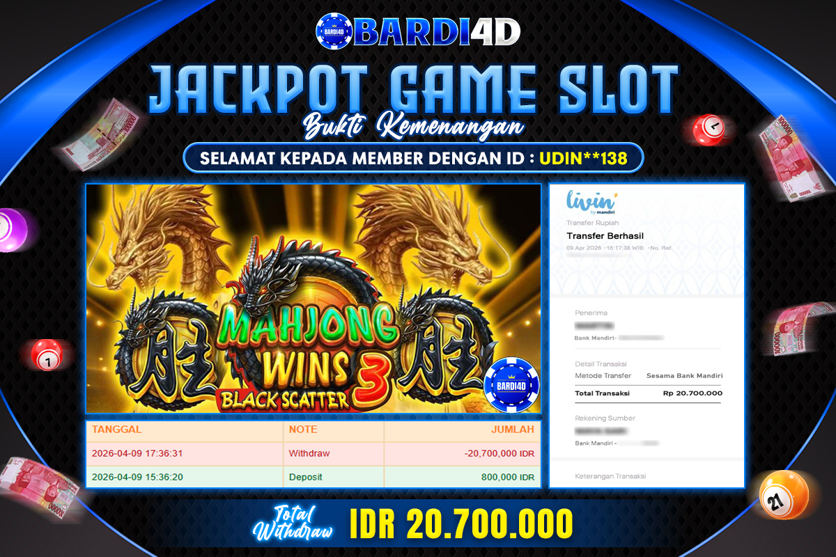 BARDI4D - BAYAR JACKPOT SLOT MAHJONG WINS 3 BLACK SCATTER TOTAL RP.20.700.000 | DIBAYAR LUNAS