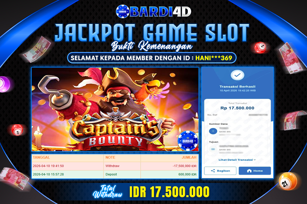 BARDI4D - BAYAR JACKPOT SLOT CAPTAINS BOUNTY TOTAL RP.17.500.000 | DIBAYAR LUNAS