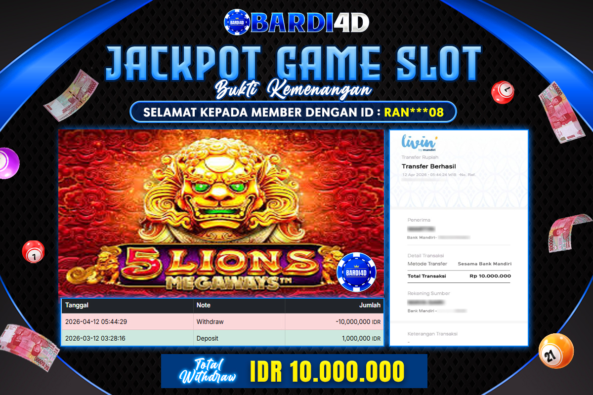 BARDI4D - BAYAR JACKPOT SLOT 5 LIONS MEGAWAYS  TOTAL RP.10.000.000 | DIBAYAR LUNAS