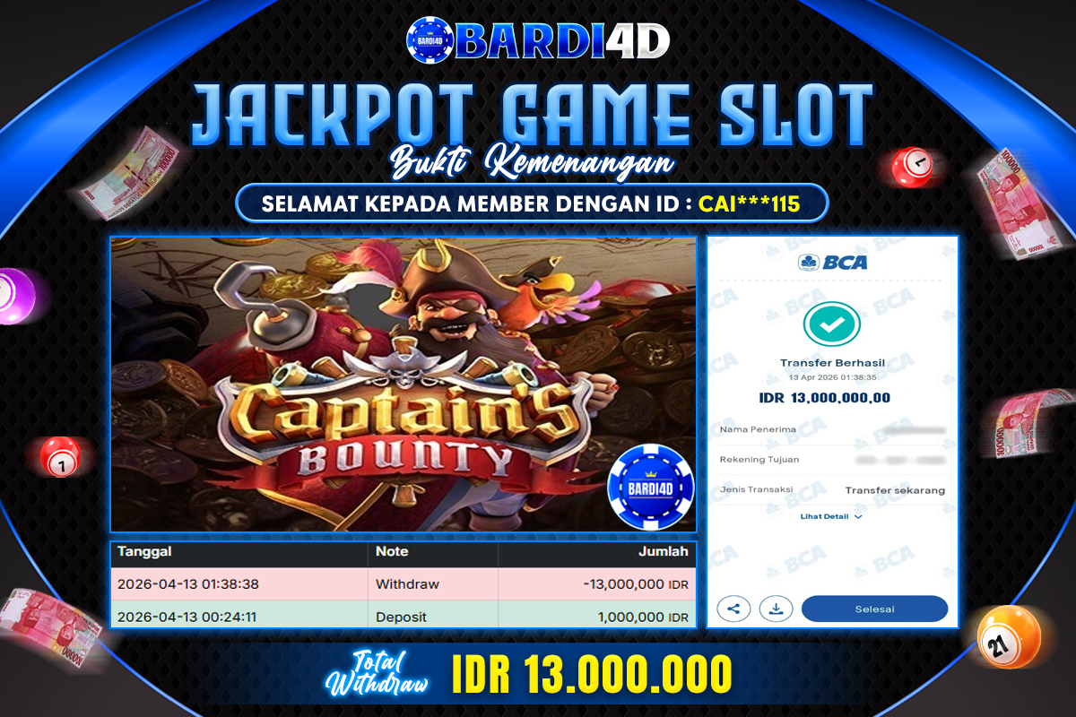 BARDI4D - BAYAR JACKPOT SLOT CAPTAIN BOUNTY TOTAL RP.13.000.000 | DIBAYAR LUNAS
