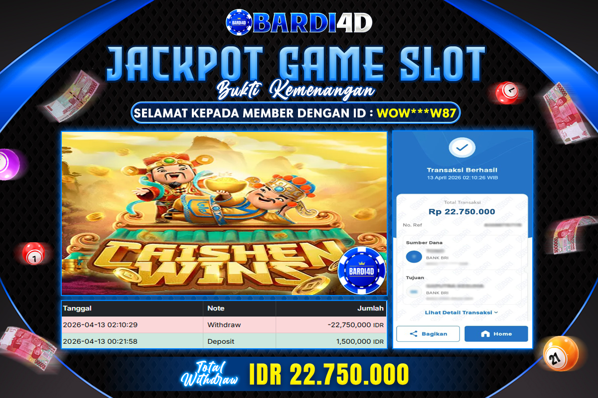 BARDI4D - BAYAR JACKPOT SLOT CAISHEN WINS TOTAL RP.22.750.000 | DIBAYAR LUNAS
