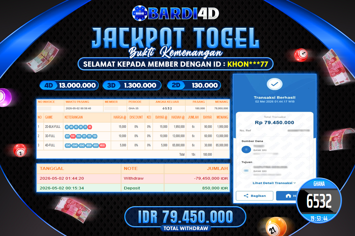 BARDI4D - BAYAR JACKPOT TOGEL GHANA TOTAL RP.79.450.000 | DIBAYAR LUNAS