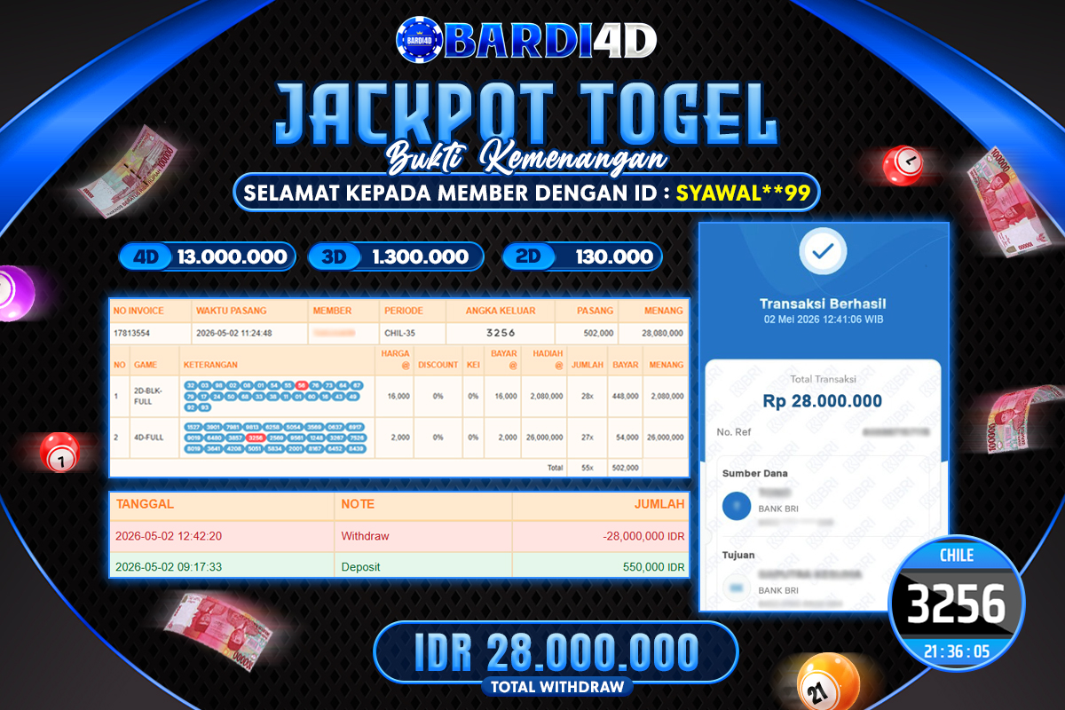 BARDI4D - BAYAR JACKPOT TOGEL CHILE TOTAL RP.28.000.000 | DIBAYAR LUNAS