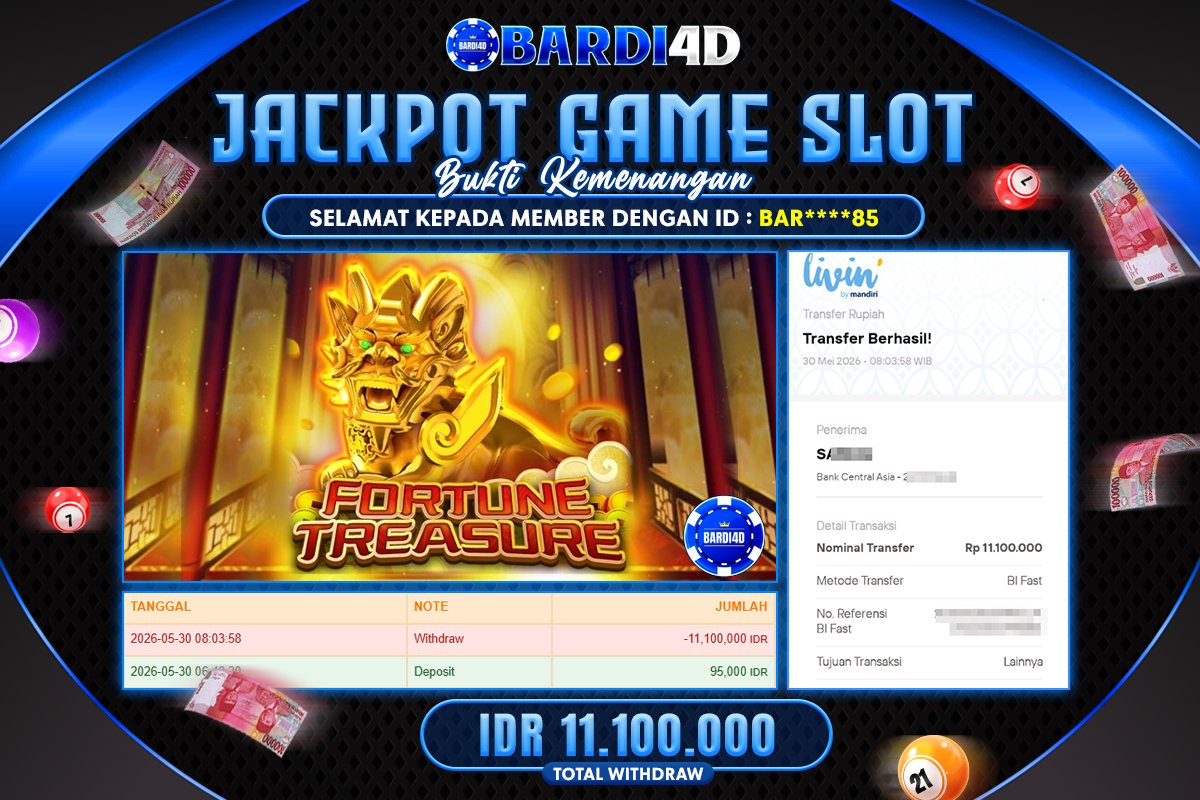BARDI4D - BAYAR JACKPOT SLOT FORTUNE TREASURE TOTAL RP.11.100.000 | DIBAYAR LUNAS