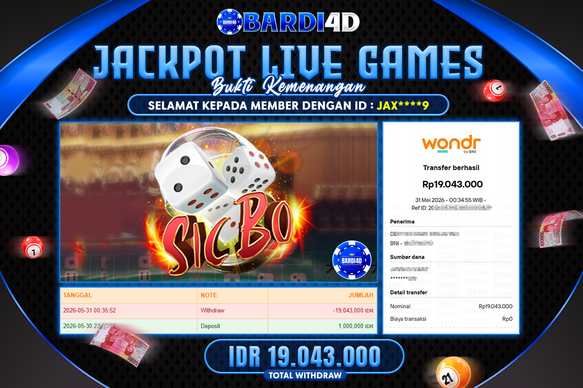 BARDI4D - BAYAR JACKPOT LIVEGAMES SICBO TOTAL RP.19.043.000 | DIBAYAR LUNAS