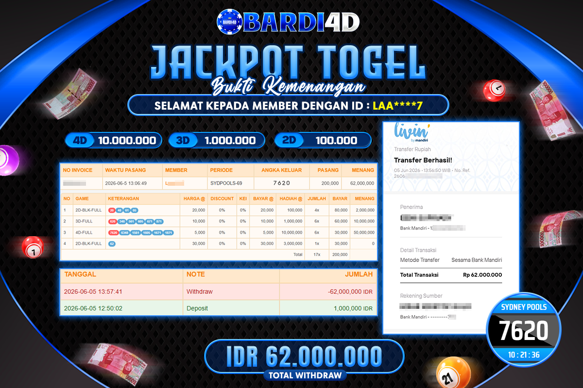 BARDI4D - BAYAR JACKPOT TOGEL SYDNEY POOLS TOTAL RP.62.000.000 | DIBAYAR LUNAS
