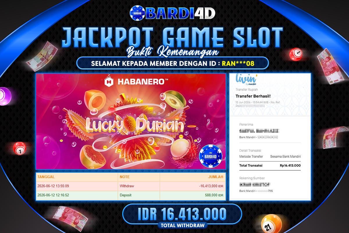 BARDI4D - BAYAR JACKPOT SLOT LUCKY DURIAN TOTAL RP.16.413.000 | DIBAYAR LUNAS