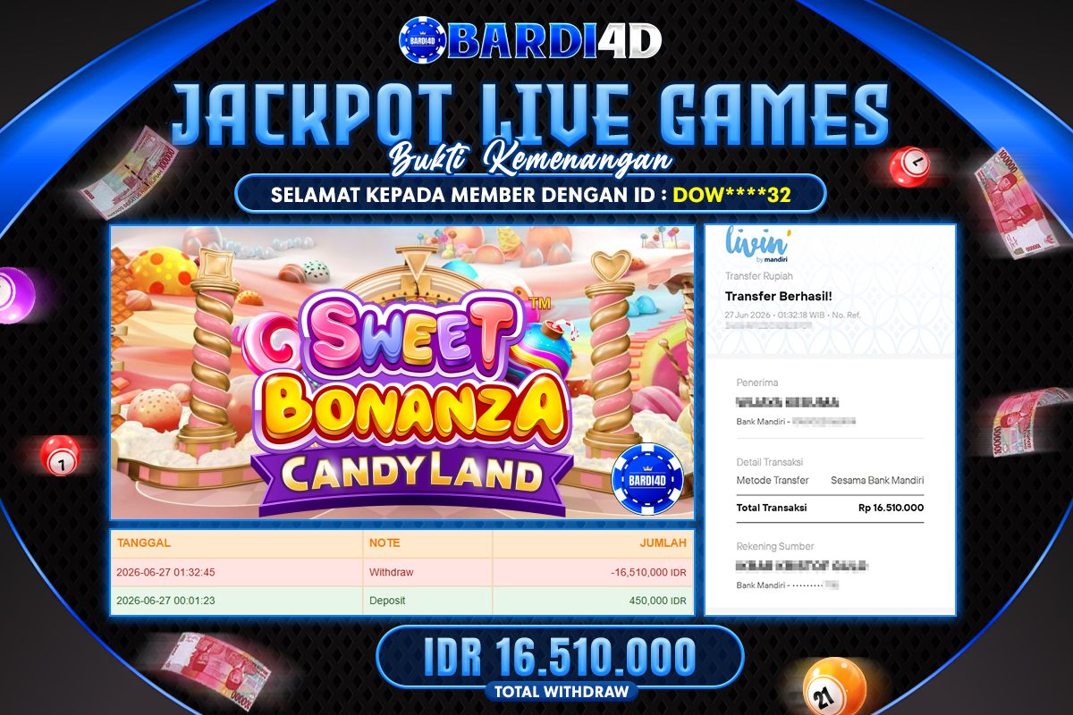 BARDI4D - BAYAR JACKPOT LIVEGAMES CASINO SWEET BONANZA CANDYLAND TOTAL RP.16.510.000 | DIBAYAR LUNAS