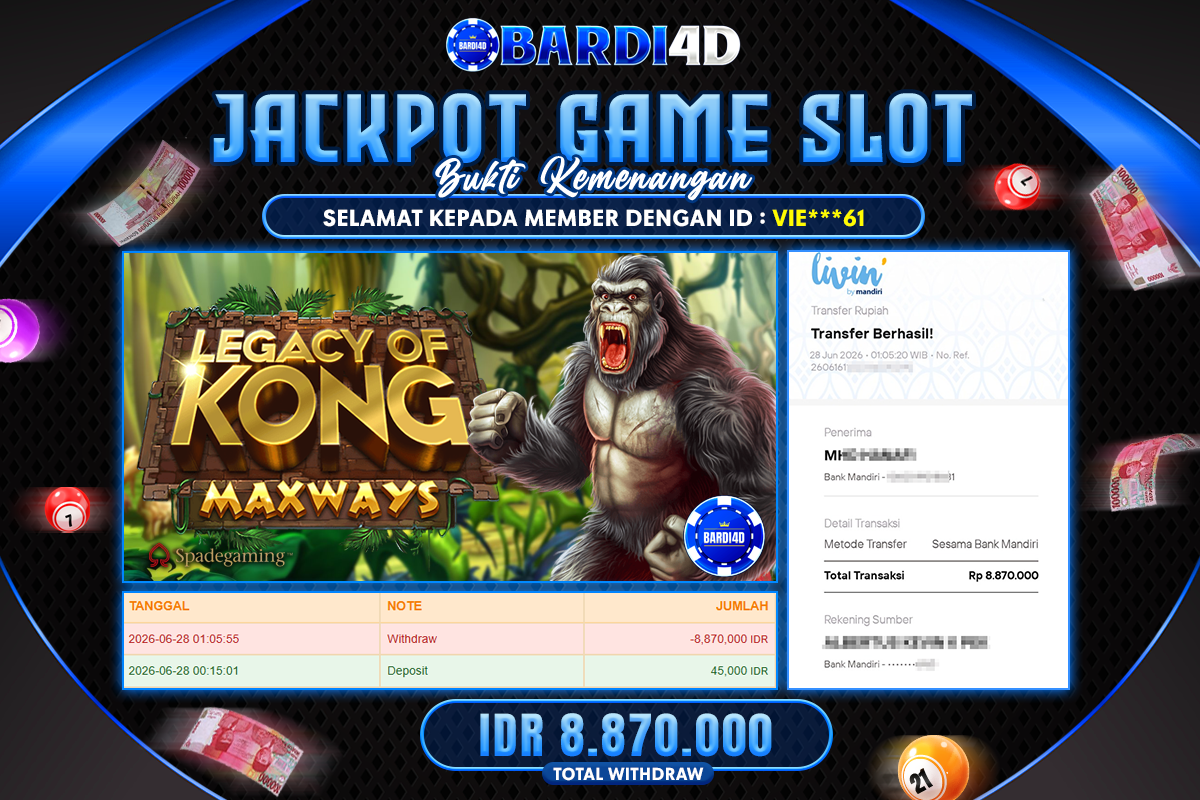 BARDI4D - BAYAR JACKPOT SLOT LEGACY OF KONG MAXWAYS TOTAL RP.8.870.000 | DIBAYAR LUNAS