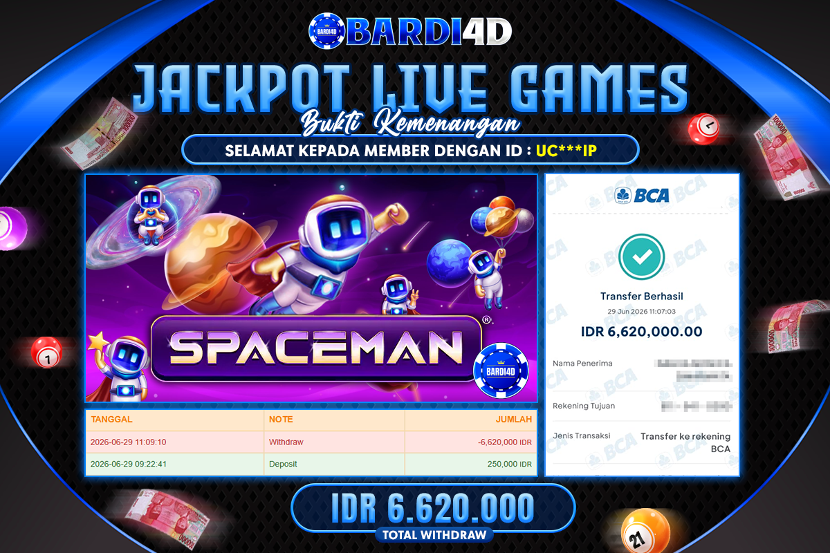 BARDI4D - BAYAR JACKPOT LIVEGAMES CASINO SPACEMAN TOTAL RP.6.620.000 | DIBAYAR LUNAS