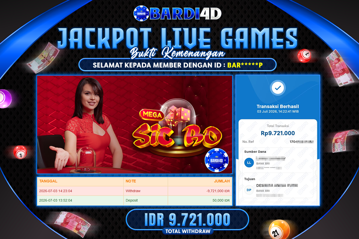 BARDI4D - BAYAR JACKPOT LIVEGAMES CASINO MEGA SICBO TOTAL RP.9.721.000 | DIBAYAR LUNAS