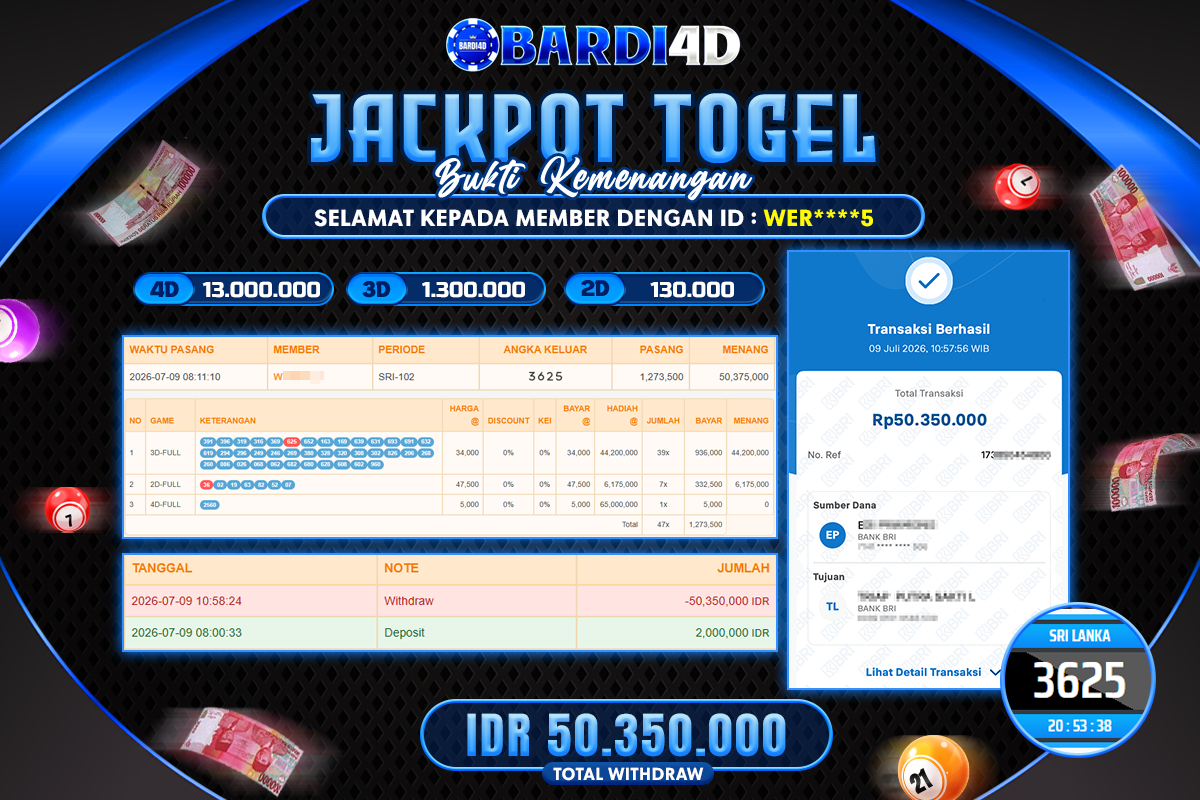 BARDI4D - BAYAR JACKPOT TOGEL SRI LANKA TOTAL RP.50.350.000 | DIBAYAR LUNAS