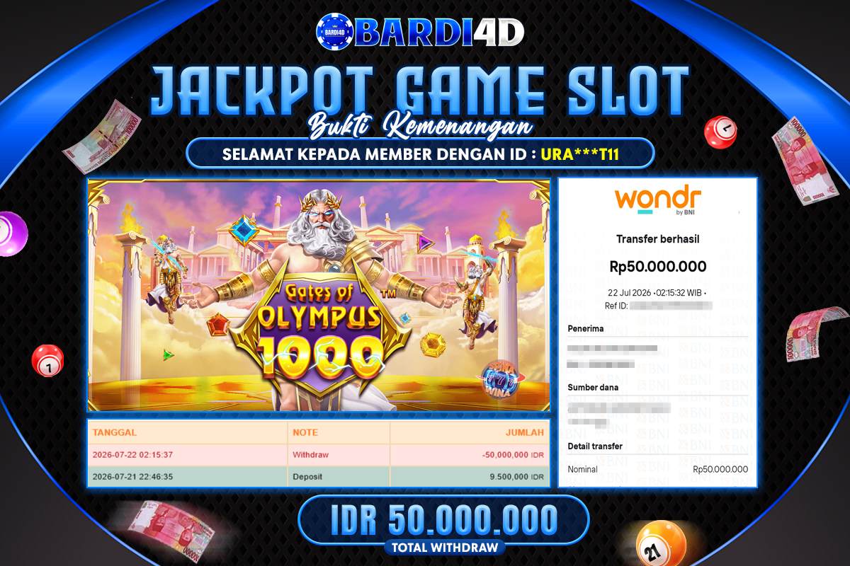 BARDI4D - BAYAR JACKPOT SLOT GATES OF OLYMPUS 1000 TOTAL RP.50.000.000 | DIBAYAR LUNAS