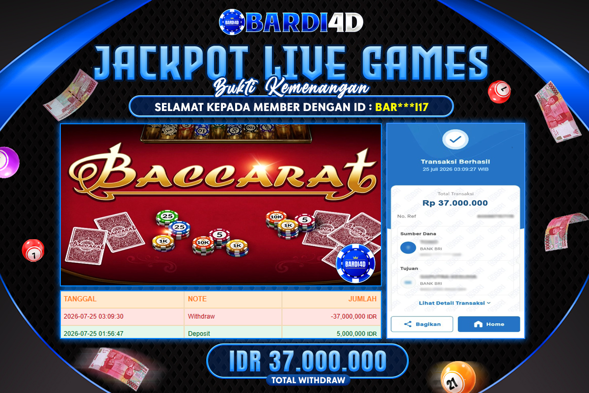 BARDI4D - BAYAR JACKPOT LIVE GAMES BACCARAT TOTAL RP.37.000.000 | DIBAYAR LUNAS
