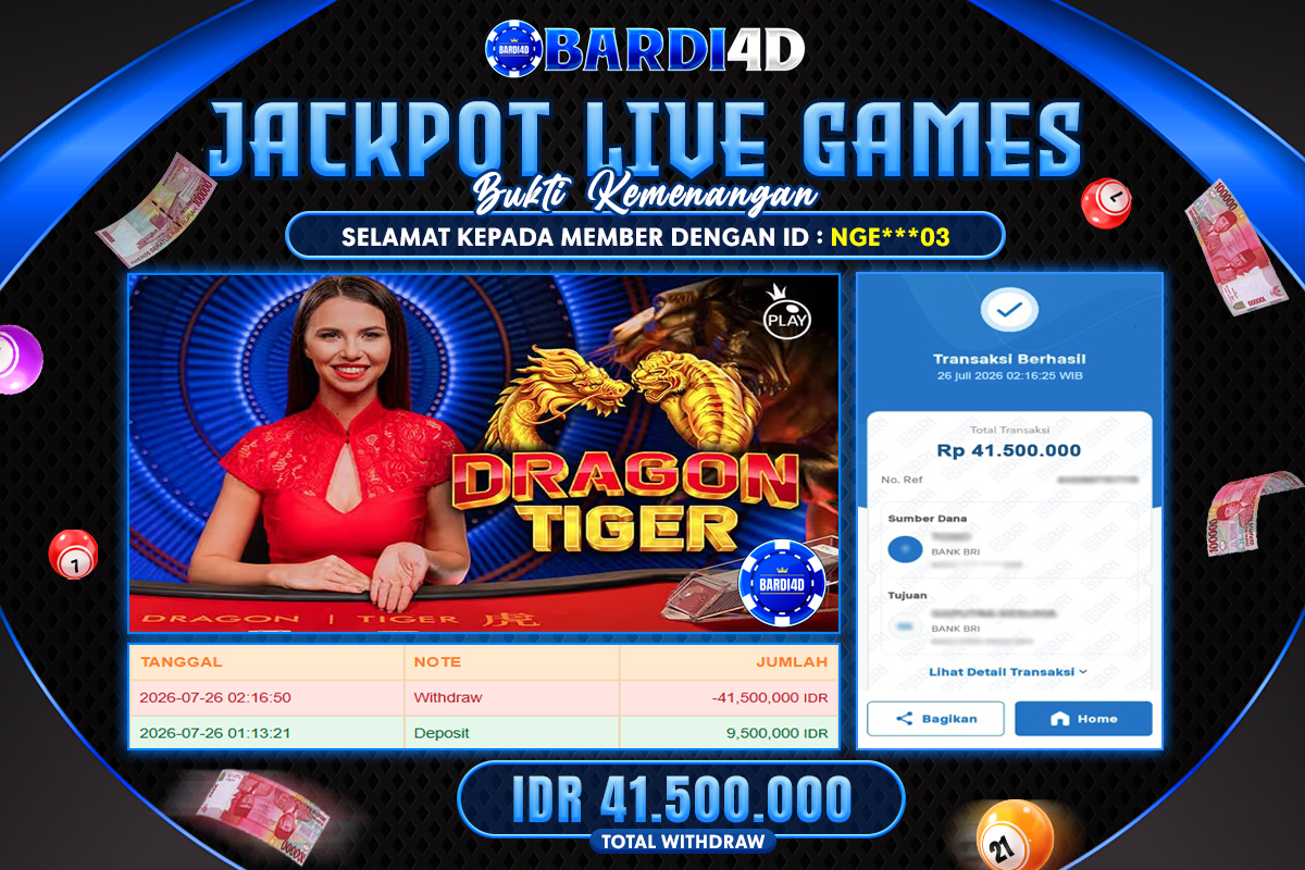 BARDI4D - BAYAR JACKPOT LIVE GAMES DRAGON TIGER TOTAL RP.41.500.000 | DIBAYAR LUNAS