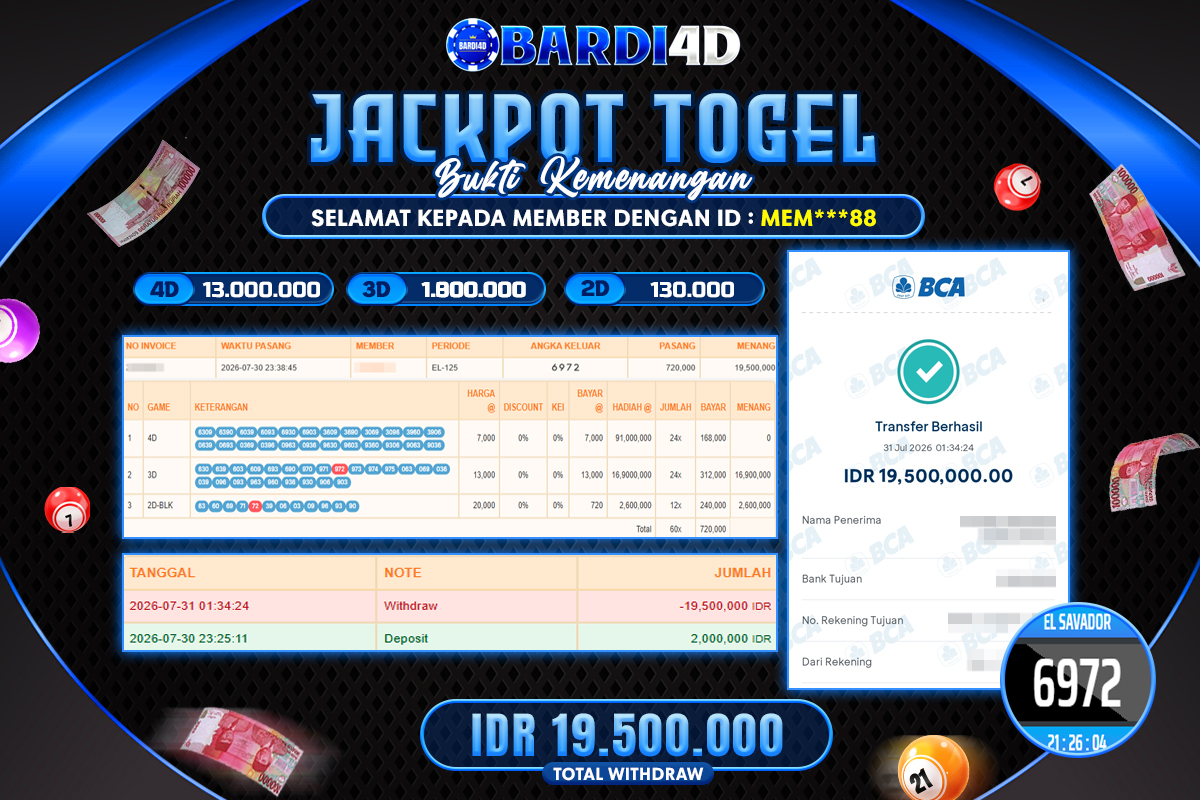 BARDI4D - BAYAR JACKPOT TOGEL EL SAVADOR TOTAL RP.19.500.000 | DIBAYAR LUNAS
