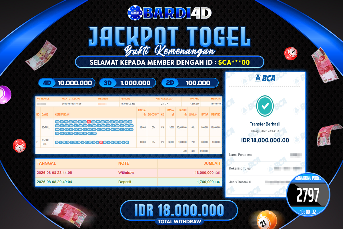 BARDI4D - BAYAR JACKPOT TOGEL HONGKONG POOLS TOTAL RP.18.000.000 | DIBAYAR LUNAS