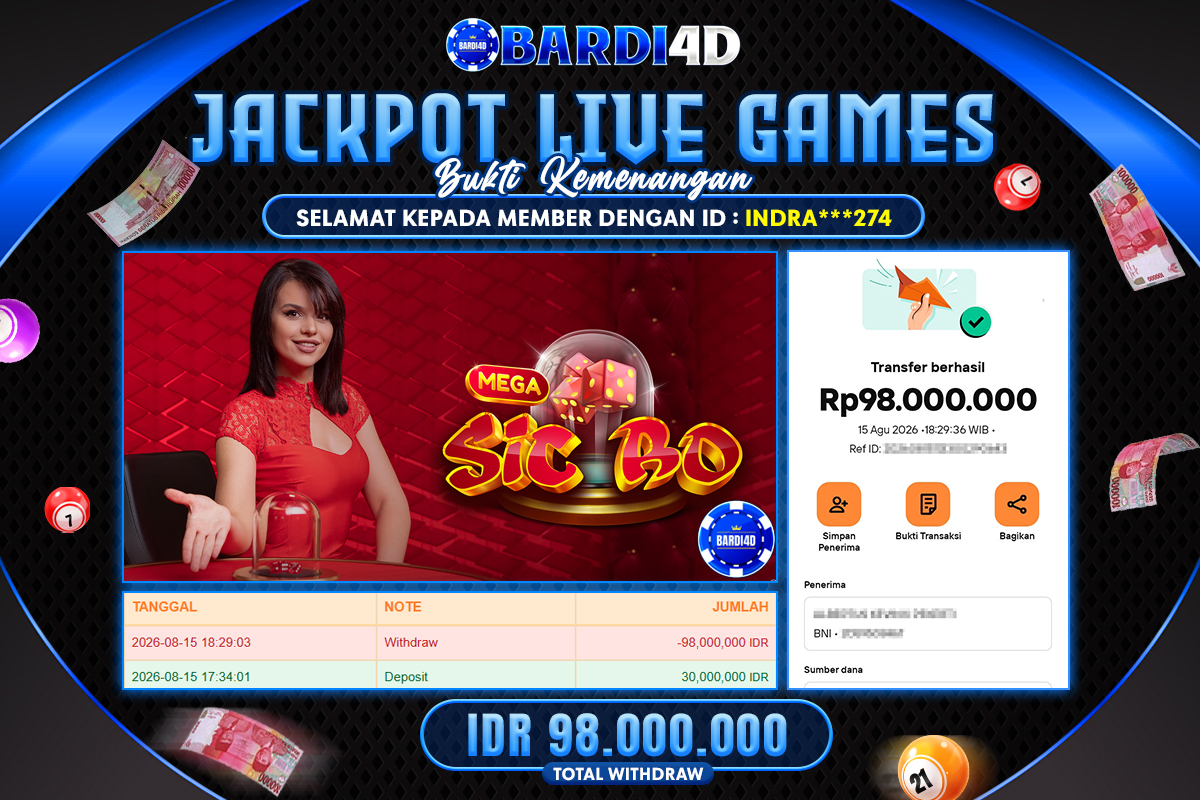 BARDI4D - BAYAR JACKPOT LIVE GAMES MEGA SICBO TOTAL RP.98.000.000 | DIBAYAR LUNAS