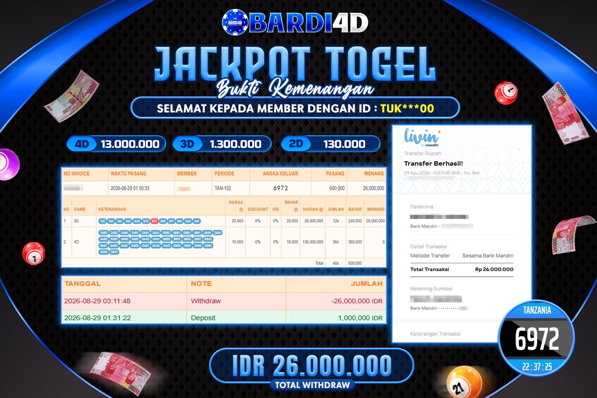 BARDI4D - BAYAR JACKPOT TOGEL TANZANIA TOTAL RP.26.000.000 | DIBAYAR LUNAS