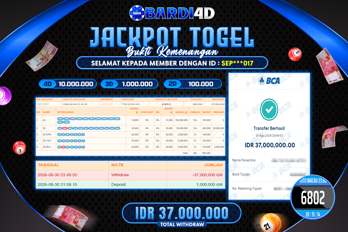 BARDI4D - BAYAR JACKPOT TOGEL TOTO MACAU 0 TOTAL RP.37.000.000 | DIBAYAR LUNAS