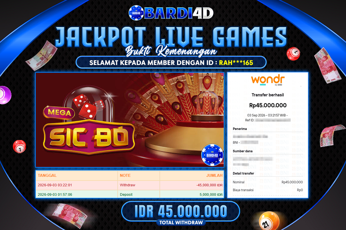 BARDI4D - BAYAR JACKPOT LIVE GAMES MEGA SIC BO TOTAL RP.45.000.000 | DIBAYAR LUNAS