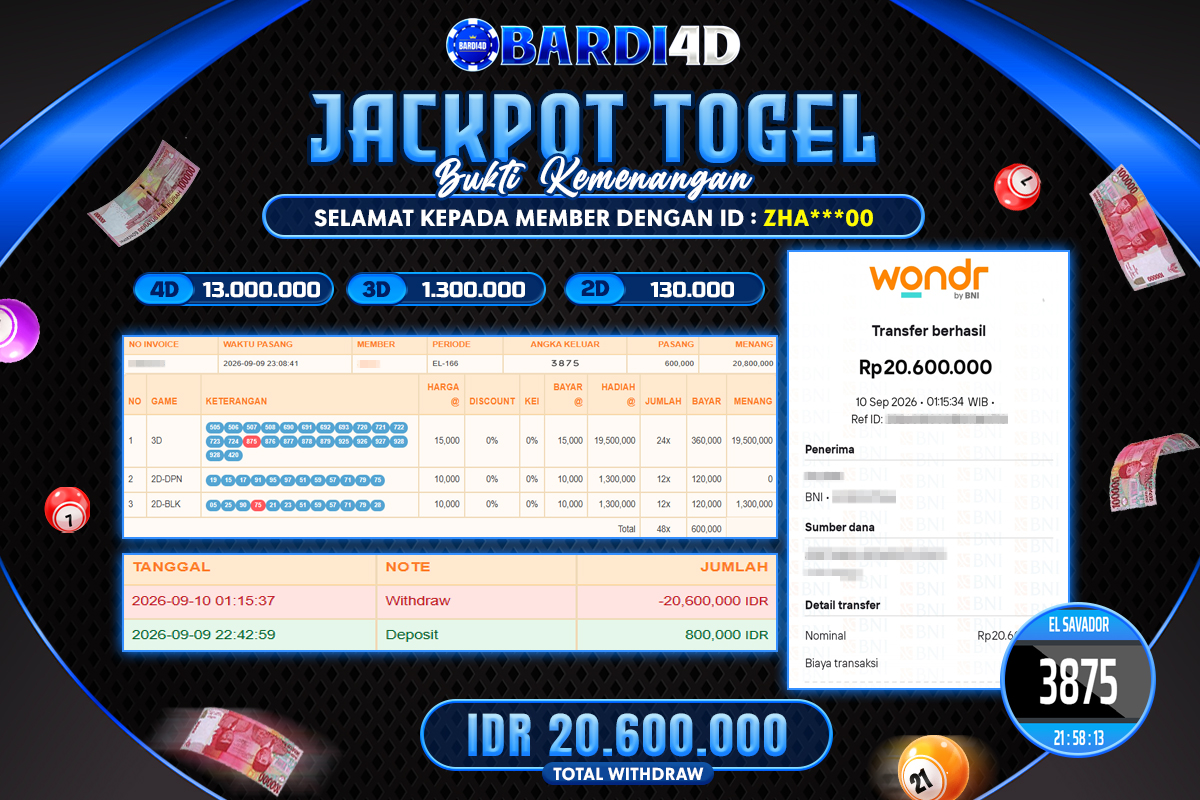 BARDI4D - BAYAR JACKPOT TOGEL EL SAVADOR TOTAL RP.20.600.000 | DIBAYAR LUNAS