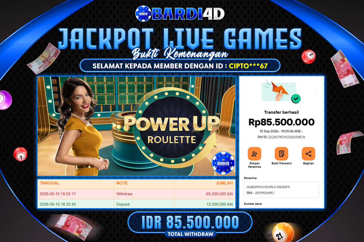 BARDI4D - BAYAR JACKPOT LIVE GAMES POWER UP ROULETTE TOTAL RP.85.500.000 | DIBAYAR LUNAS