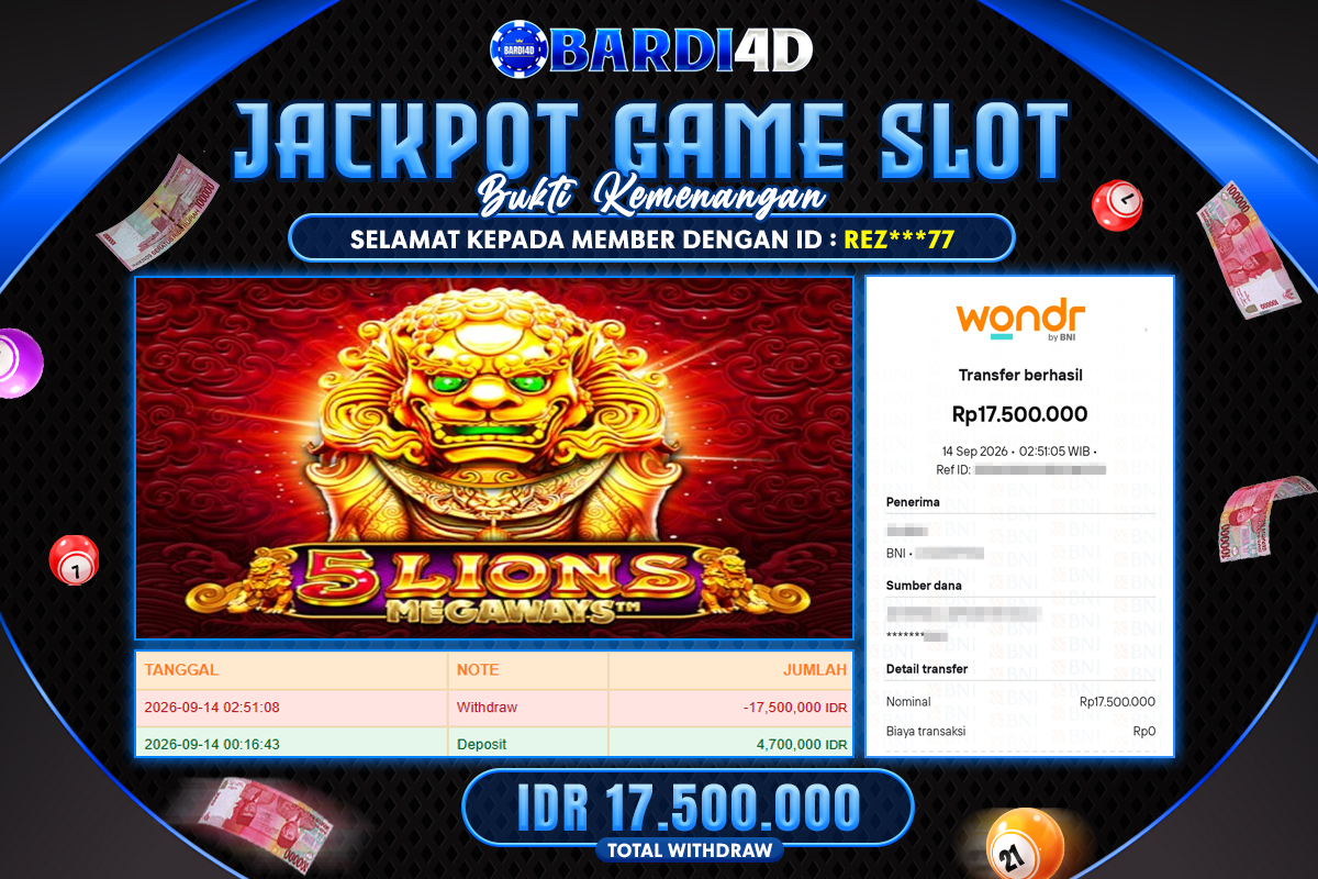 BARDI4D - BAYAR JACKPOT SLOT 5 LIONS MEGAWAYS TOTAL RP.17.500.000 | DIBAYAR LUNAS