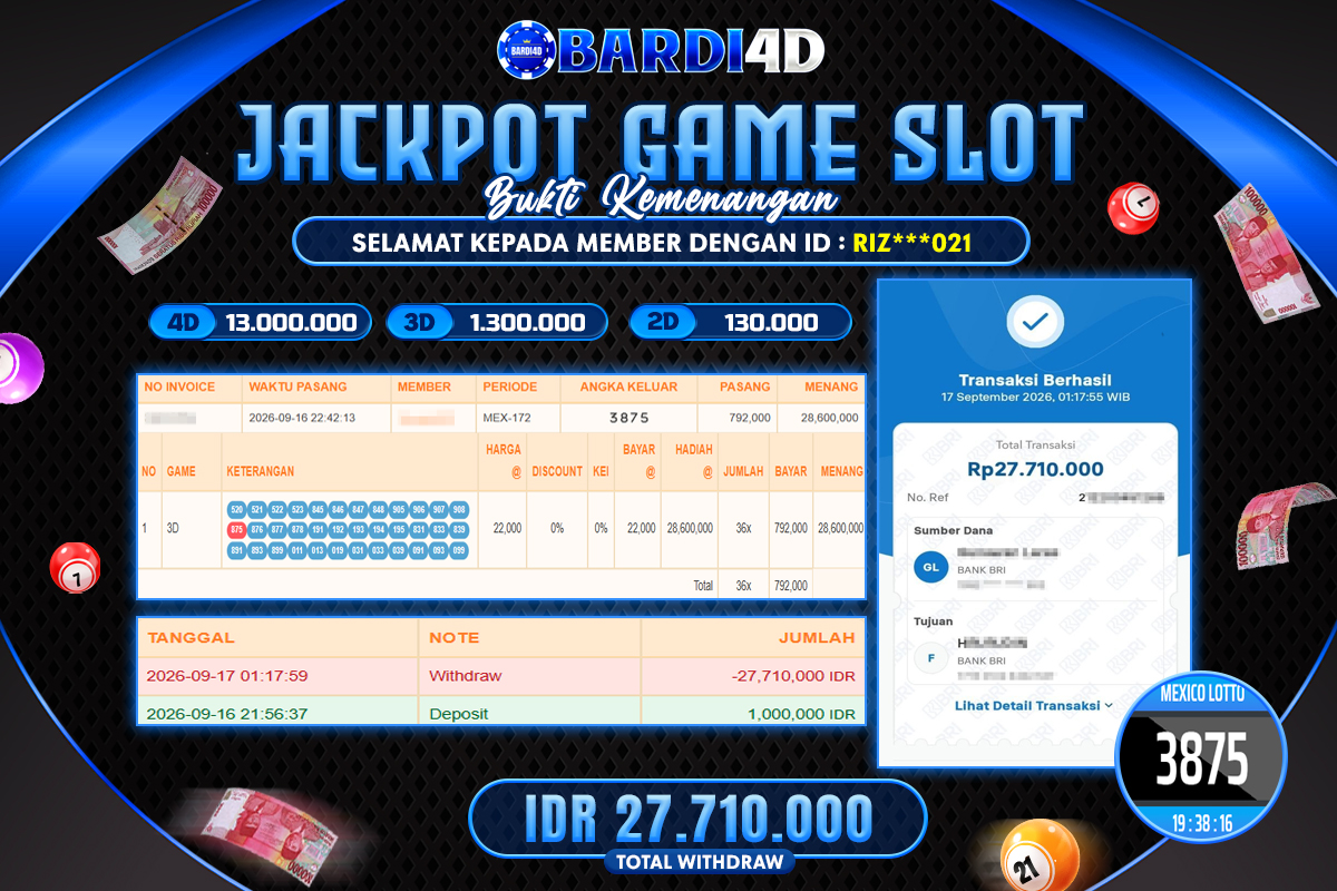 BARDI4D - BAYAR JACKPOT TOGEL MEXICO LOTTO TOTAL RP.27.710.000 | DIBAYAR LUNAS