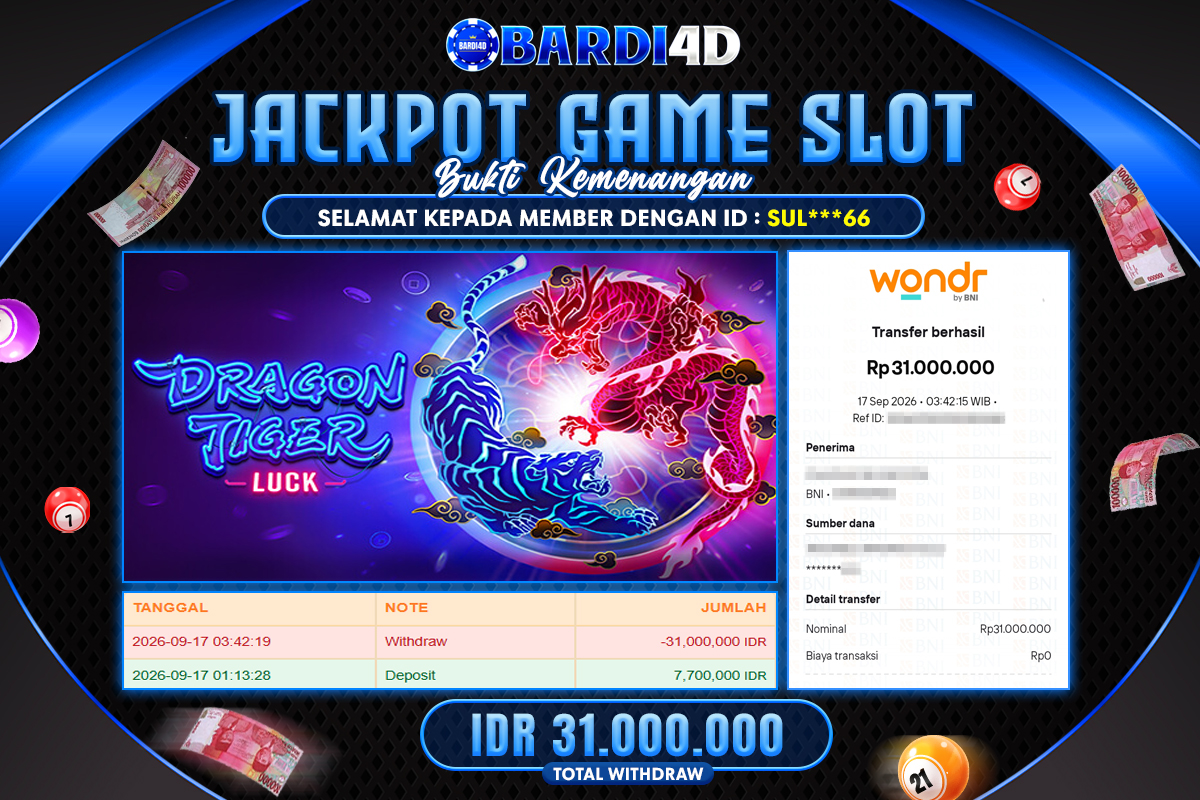 BARDI4D - BAYAR JACKPOT SLOT DRAGON TIGER LUCK TOTAL RP.31.000.000 | DIBAYAR LUNAS