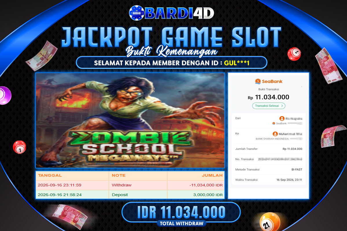 BARDI4D - BAYAR JACKPOT SLOT ZOMBIE SCHOOL MEGAWAYS TOTAL RP.11.034.000 | DIBAYAR LUNAS