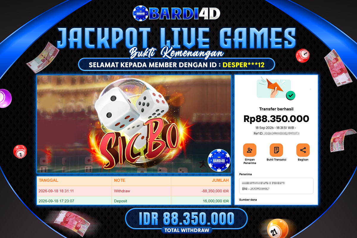 BARDI4D - BAYAR JACKPOT LIVE GAMES SICBO TOTAL RP.88.350.000 | DIBAYAR LUNAS