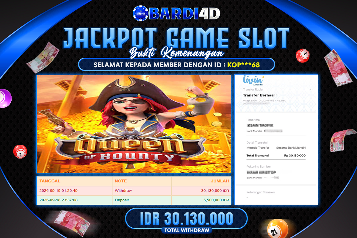 BARDI4D - BAYAR JACKPOT SLOT QUEEN OF BOUNTY TOTAL RP.30.130.000 | DIBAYAR LUNAS