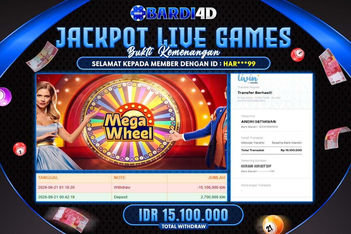 BARDI4D - BAYAR JACKPOT LIVE GAMES MEGA WHEEL TOTAL RP.15.100.000 | DIBAYAR LUNAS