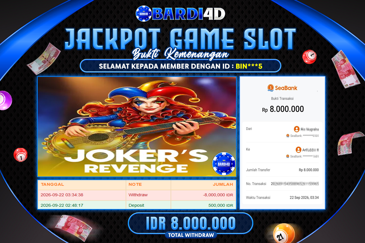 BARDI4D - BAYAR JACKPOT SLOT JOKERS REVENGE TOTAL RP.8.000.000 | DIBAYAR LUNAS