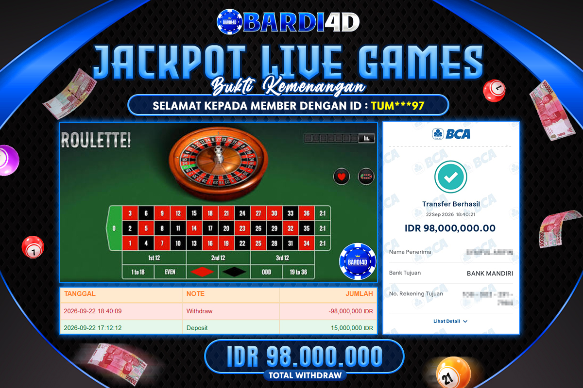 BARDI4D - BAYAR JACKPOT LIVE GAMES ROULETTE TOTAL RP.98.000.000 | DIBAYAR LUNAS