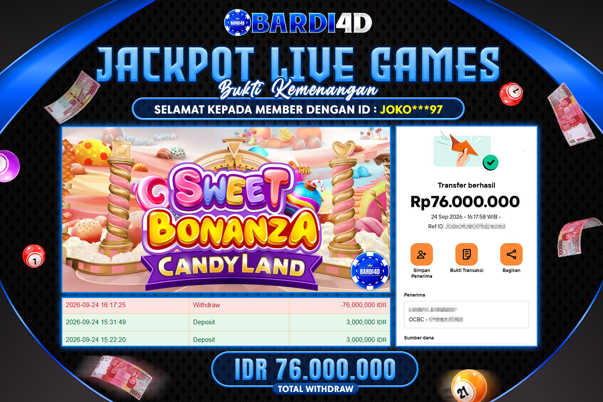 BARDI4D - BAYAR JACKPOT LIVE GAMES SWEET BONANZA CANDYLAND TOTAL RP.76.000.000 | DIBAYAR LUNAS